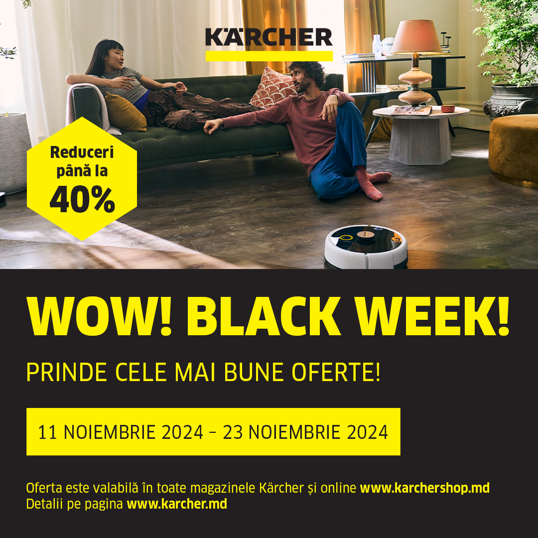 reduceri Black Week Karcher, echipamente curățenie Karcher, Black Week 2024 Karcher Moldova, aspiratoare în promoție, produse curățenie Karcher, reduceri la mașini de spălat podele, curățătoare cu aburi în Moldova, promoții curățenie casă, oferte Kärcher 