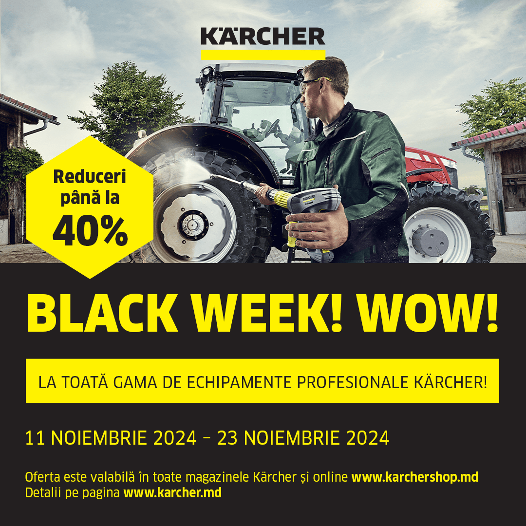 aspiratoare Kärcher Black Week, mașini de spălat cu presiune în ofertă, campania Black Week Kärcher, magazine Kärcher Moldova, reduceri echipamente industriale, aparate de curățare Kärcher, echipamente curățare profesionale, oferte speciale Black Week Mol