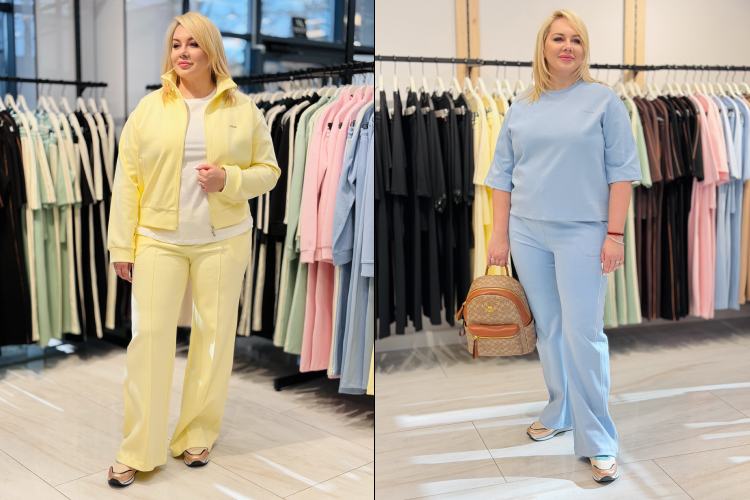 два весенних образа Mari&Mar — жёлтый костюм с курткой и голубой комплект с брюками в магазине одежды