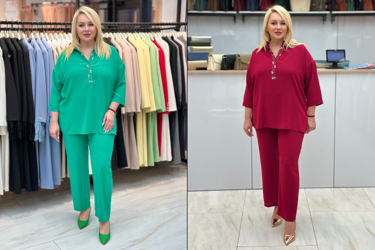 два варианта костюма из весенней коллекции Mari&Mar — зелёный и бордовый комплект в магазине одежды