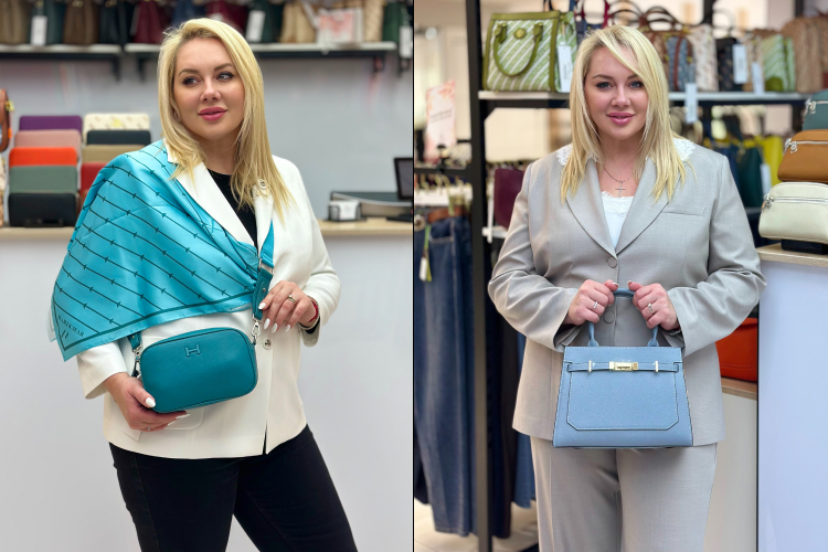 аксессуары из коллекции Mari&Mar — голубую сумку и шарф, а также классический костюм с сумкой в магазине