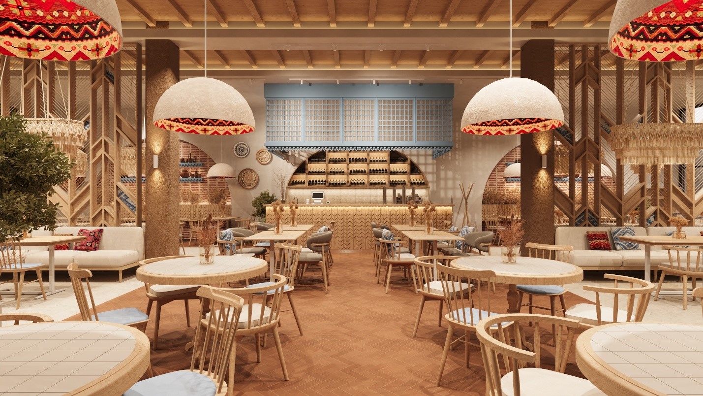 Интерьер ресторана La Plăcinte в Бельцах с уютной атмосферой, деревянной мебелью и элементами молдавского традиционного декора