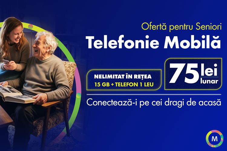 Femeie tânără și un bunel zâmbitor folosind telefonul, promovând abonamentul Senior 75 de la Moldtelecom, cu 15 GB internet și 75 lei lunar