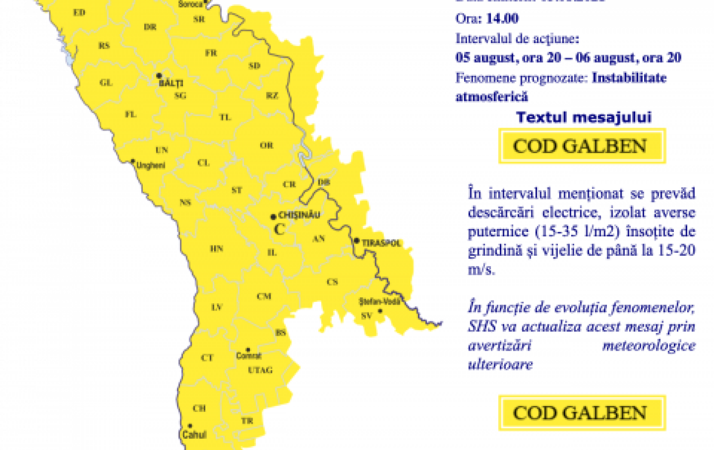 Un nou cod galben de ploi și grindină, valabil timp de 24 de ore